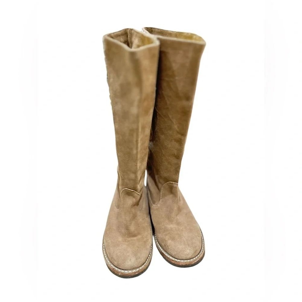 True Religion Tan Suede Knee-High Boots with White Logo